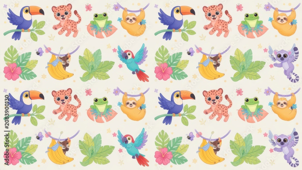 Naklejka premium A colorful recurring tapestry features friendly tropical forest creatures like toucans jaguars and sloths hiding among lush green foliage and vibrant exotic flowers to create a joyful jungle expe