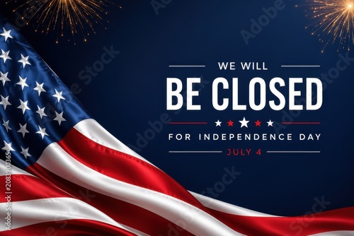 We Will Be Closed for Independence Day Banner with American Flag, Fireworks and July 4 Holiday Announcement