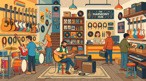 Φωτογραφία Busy music store interior with people playing instruments and browsing vinyl records and guitars