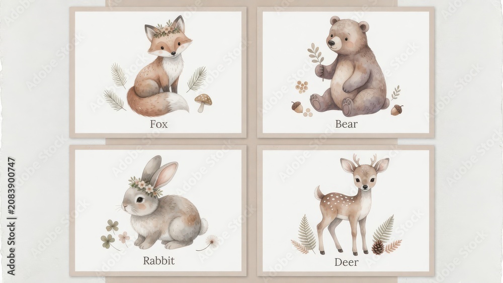 Fototapeta premium Watercolor drawings of a woodland fox and a fluffy bear alongside a cute rabbit plus a small deer featuring flowers and forest plants for educational projects or nursery wall art decorations sets