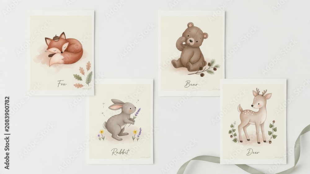 Fototapeta premium Four charming watercolor style portraits featuring a resting fox a playful brown bear a small hopping rabbit and a graceful deer printed on card stock to decorate a baby room interior nursery are