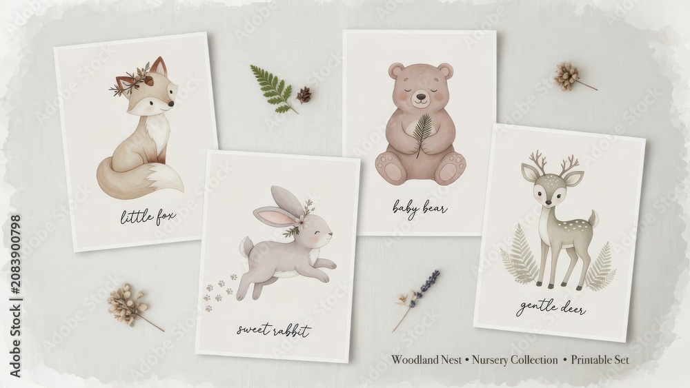 Fototapeta premium Four charming nursery wall art cards showing a cute baby fox bear rabbit and deer with forest foliage elements designed for children room decorations and whimsical animal themed birthday party de