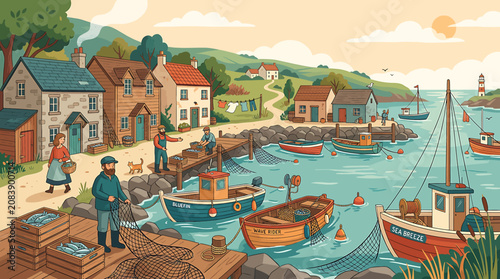 Tableau sur toile Charming coastal fishing village illustration with colorful boats and traditional stone houses in a harbor