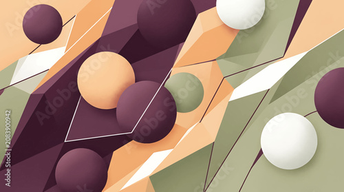 Tableau sur toile Abstract three dimensional geometric composition with floating spheres and sharp angular polygonal shapes in earthy tones