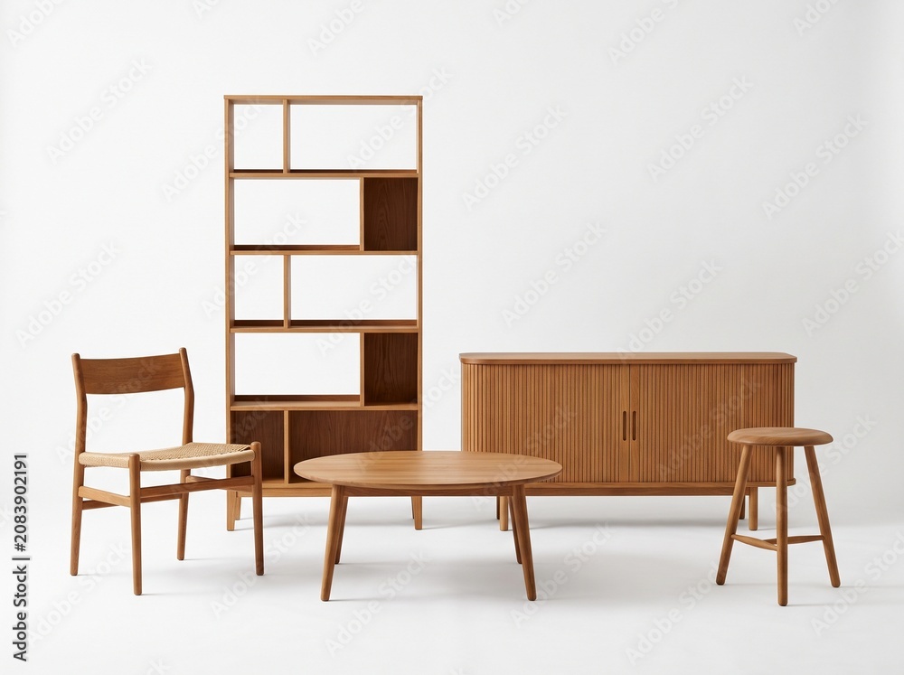 Fototapeta premium Scandinavian Wooden Furniture Collection Isolated on White Background