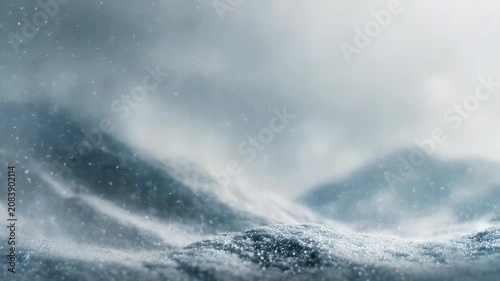 Abstract winter landscape with soft snowdrifts and falling snowflakes under a cloudy sky. Gentle blue and white tones create a serene, dreamy atmosphere perfect for seasonal backgrounds