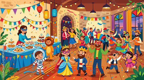 Foto Children and adults in colorful costumes celebrating at a festive masquerade party with decorations and food