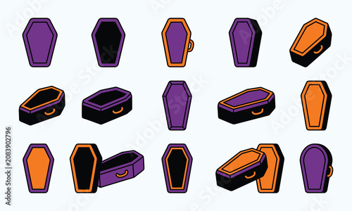Halloween coffin collection isometric vector illustrations for spooky designs