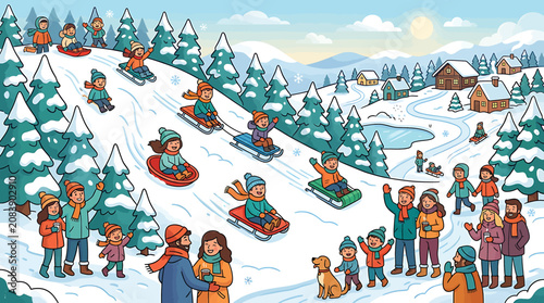 Foto Cartoon illustration of children and families sledding down a snowy hill in a winter mountain landscape