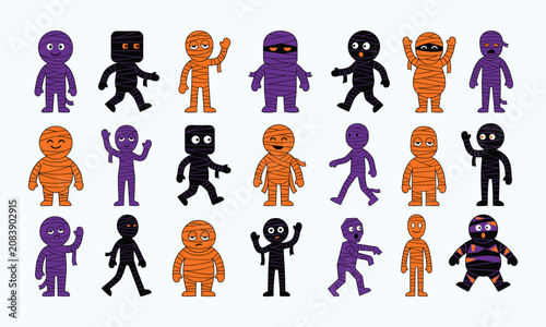 Halloween mummy characters collection orange purple and black designs