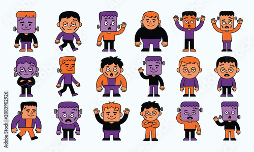 Halloween frankenstein monster characters set cartoon vector illustration