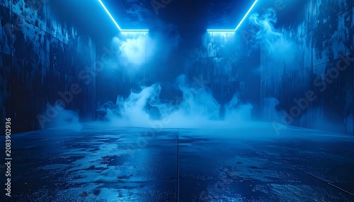 Dark moody industrial room with textured walls, atmospheric blue neon lighting, and swirling smoke, an eerie futuristic setting