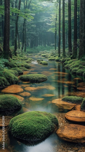 Sunlit Mossy Stones In A Tranquil Forest Creek With Dense Green Trees And Soft Morning Light