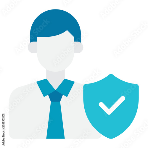 Flat style illustration of a businessman icon with a security shield featuring a checkmark, symbolizing protection and trust.