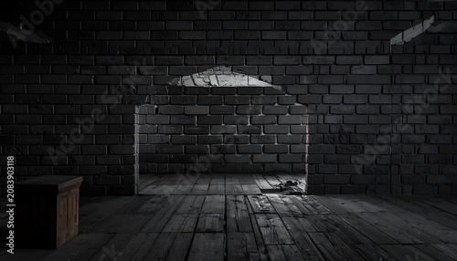 dark old attic room with brick wall archway, dusty wooden floor, a small wooden chest, eerie atmosphere, atmospheric lighting, horror, abandoned