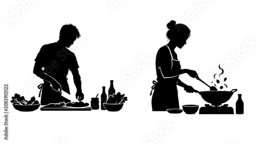 Culinary Duo: A man and woman in silhouette are engaged in the art of cooking, one preparing ingredients and the other stir-frying in a wok.