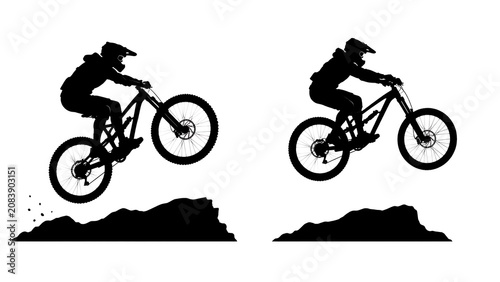 Downhill Mountain Biking Silhouettes: Dynamic silhouettes of two downhill mountain bikers in action, captured mid-air over rugged terrain, showcasing speed and adventure.