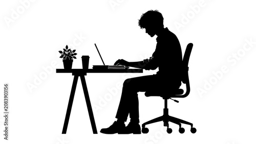 Silhouette of a Person Typing on Laptop at Desk: A black silhouette of a person is seated at a desk, typing on a laptop. A plant and a cup are on the desk. The person is sitting in an office chair.