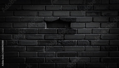 Dark textured brick wall with a hole, showing rough surface and imperfections, ideal for grunge or urban backdrops