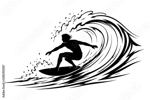 Silhouette Surfer Riding a Barrel Wave: A dynamic black and white illustration captures the exhilarating moment of a surfer in silhouette skillfully riding the crest of a powerful ocean wave.