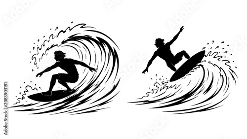 Surfer Silhouettes Riding Waves