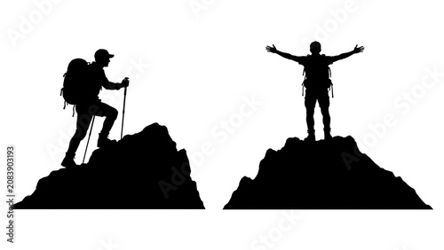 Hikers on Mountain Peaks: Two silhouette figures of hikers in active poses on rocky mountain summits, one ascending with hiking poles and the other with arms outstretched in triumph against the sky.