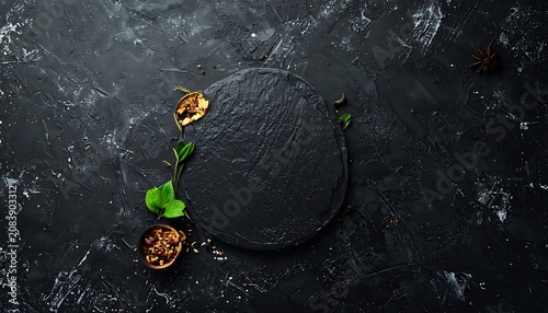Dark textured slate serving board with scattered spices and herbs, rustic food presentation background, overhead view