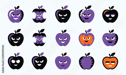 Spooky Halloween apple character vector illustration set featuring sixteen creepy fruit faces in purple, black, and orange tones for seasonal design and festive artwork projects
