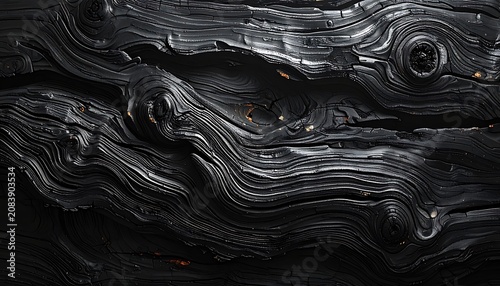 dark textured wood grain with swirling patterns and subtle orange sparks, abstract natural surface with organic lines
