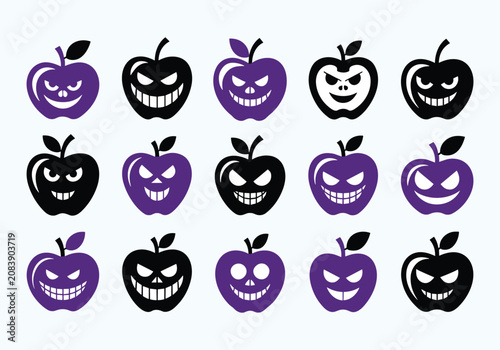 Halloween apple faces collection spooky vector icons for autumn celebrations
