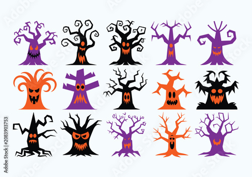 Spooky halloween trees collection vector illustration for seasonal decorations
