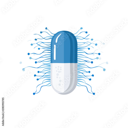 Blue and white capsule with abstract blue lines