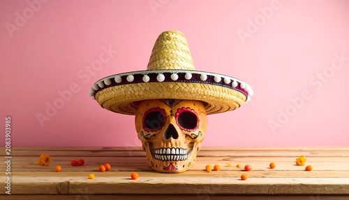 Dia de los Muertos sugar skull wearing a festive sombrero, decorated with traditional colorful patterns, set against a soft pink background, representing the Day of the Dead celebration