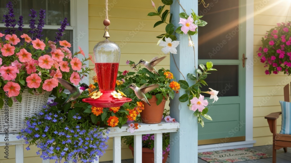 Fototapeta premium Two ruby throated hummingbirds feed on nectar at a hanging station located on a flowering porch surrounded by vibrant petunia blossoms and sunlit mandevilla vines during a beautiful summer day