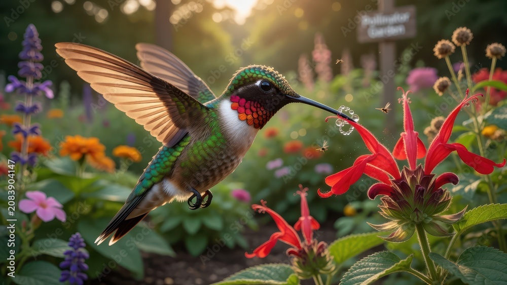Fototapeta premium A male ruby throated hummingbird hovers near a scarlet salvia blossom while light from the setting sun illuminates its iridescent feathers and wings within a vibrant summer pollinator garden land