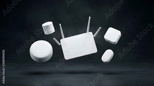 White home networking router and smart devices floating on dark background for high speed internet connectivity solutions