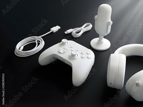 White gaming controller headset and microphone with usb cable set for digital streaming setup and entertainment accessories