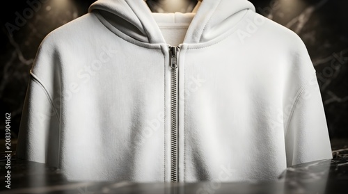 White hoodie with metallic shimmering texture and central zipper closure displayed on a luxury dark marble surface background
