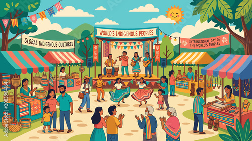 Foto Colorful illustration of a vibrant global indigenous cultures festival with music and market stalls