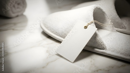 White hotel slippers with blank price tag on marble surface closeup spa luxury lifestyle amenities resort comfort