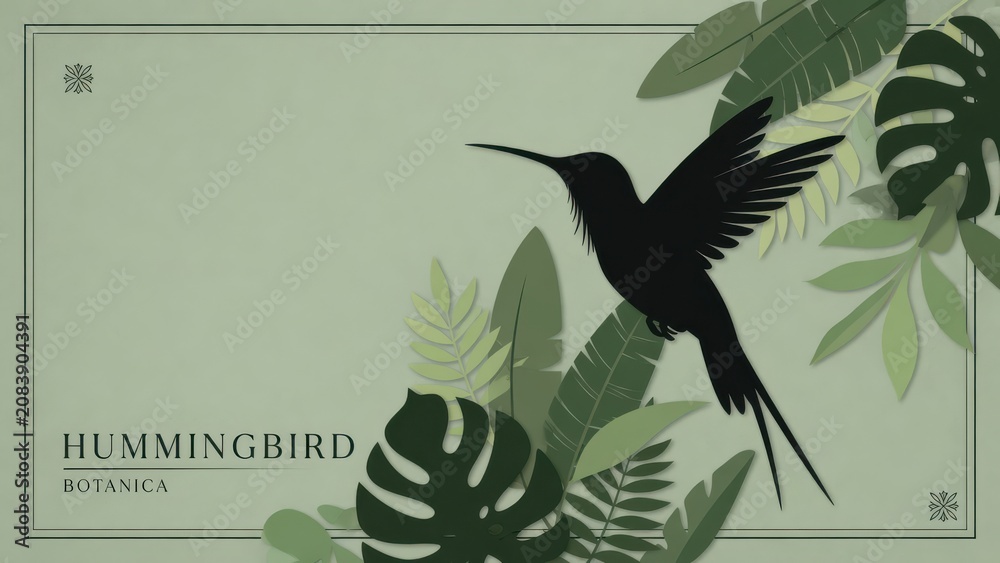 Fototapeta premium A black silhouette of a graceful hummingbird takes flight amidst lush layers of green monstera foliage featuring a decorative frame theme that evokes a serene sense of tropical botanical tranquil