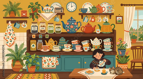 Foto Cozy rustic kitchen illustration with vintage teapots and ceramic cups on wooden shelves