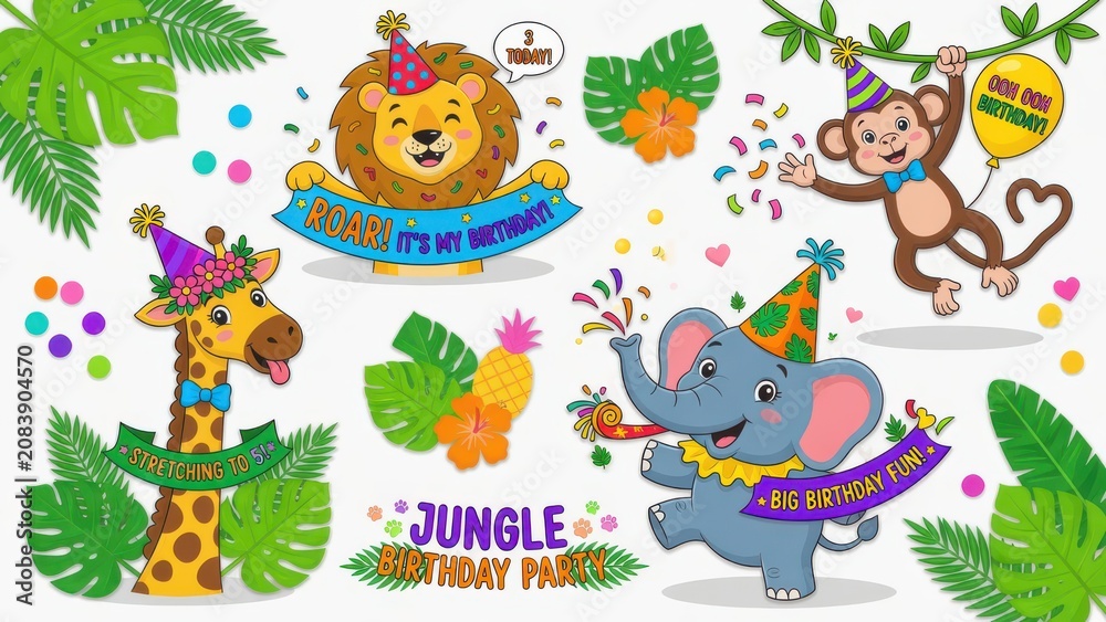 Obraz premium Joyful cartoon safari animals celebrating a tropical jungle birthday party with colorful banners confetti balloons and festive decorations for children gatherings and fun themed creative graphic