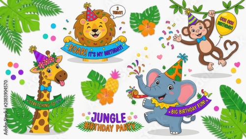 Joyful cartoon safari animals celebrating a tropical jungle birthday party with colorful banners confetti balloons and festive decorations for children gatherings and fun themed creative graphic