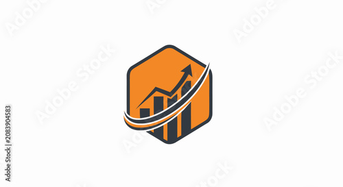 Business growth logo icon with rising bar chart and upward arrow inside orange hexagon.