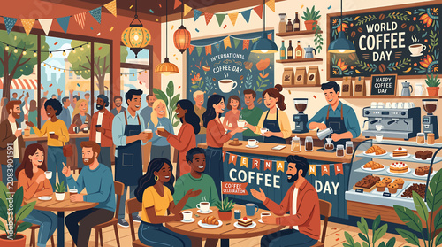 Crowded modern cafe interior celebrating world coffee day with diverse people and baristas.