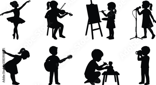 Photos Set of children silhouettes engaged in various creative hobbies including music,
