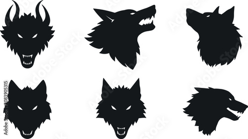 Tableau sur toile Dark Black Wolf Head Silhouette Vector Set with Various Fierce and Growling Expr