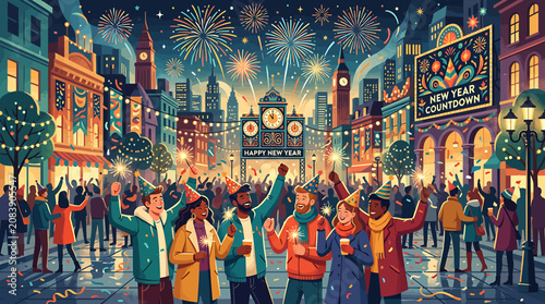 Tableau sur toile Crowd of people celebrating New Year Eve with fireworks in a vibrant city square