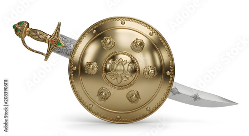 A shiny gold shield blocks a sharp sword with green and gold handle.